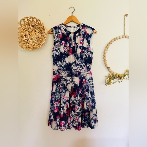 REBECCA TAYLOR ROSE GARDEN FLORAL Blue Keyhole Neck Chiffon Silk mini Dress Sz 2 - Picture 3 of 10